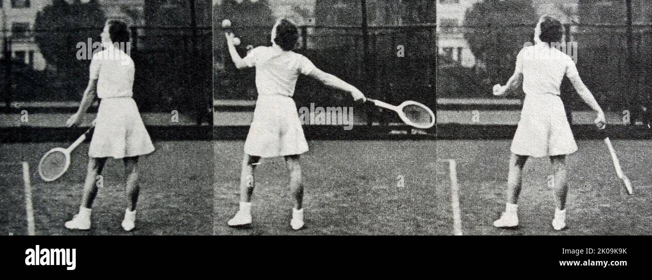 Tennis player Jean Nicoll demonstrates a serve. Photo sequence of the stroke of a serve in tennis. Stock Photo