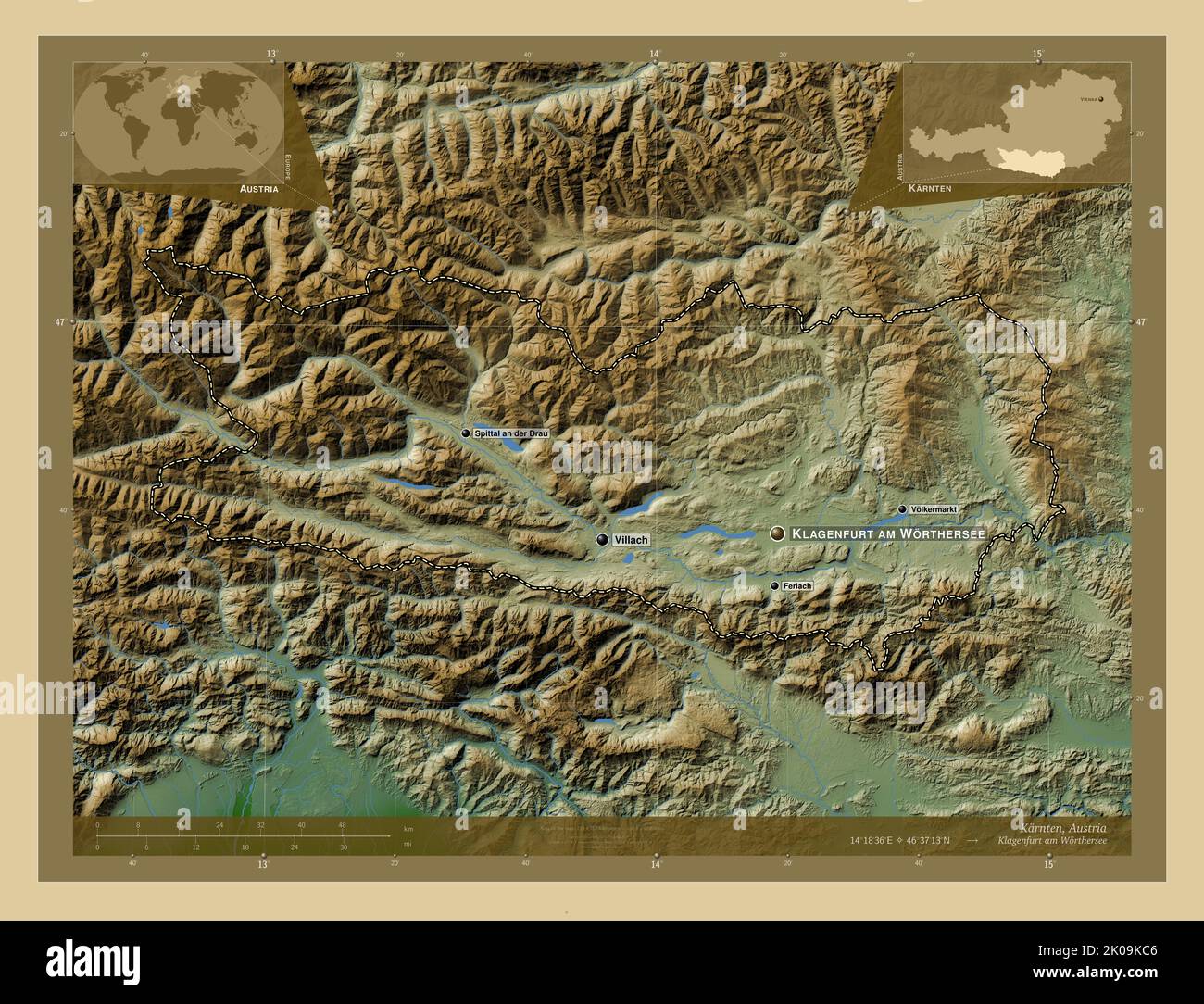 Karnten, state of Austria. Colored elevation map with lakes and rivers ...