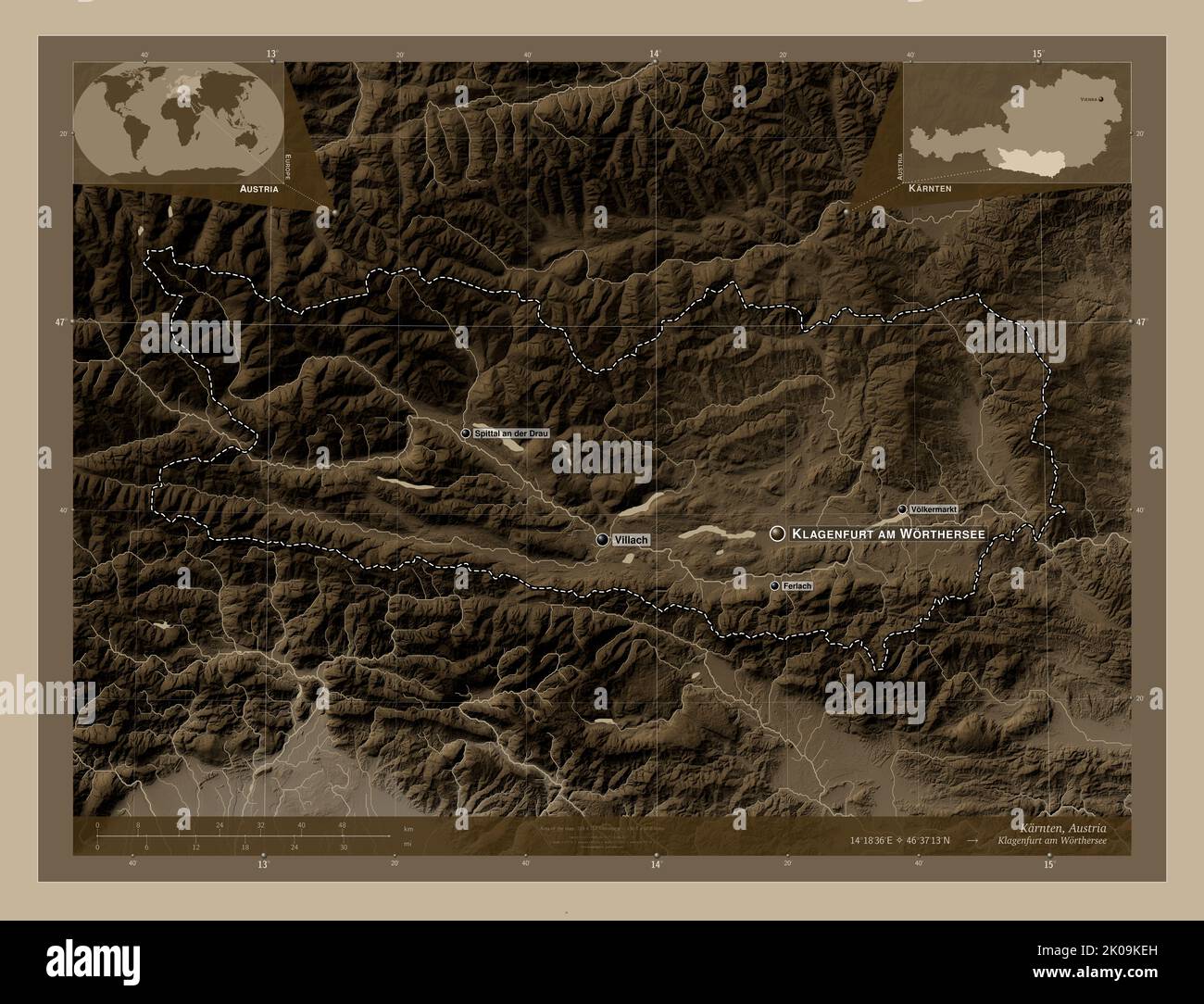 Karnten, state of Austria. Elevation map colored in sepia tones with ...