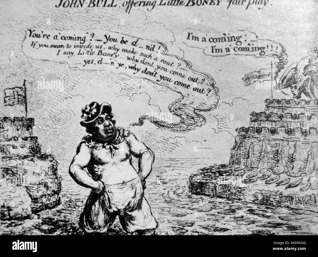 The War of Nerves. John Bull Cartoon on Napoleon's intention to invade England. Stock Photo