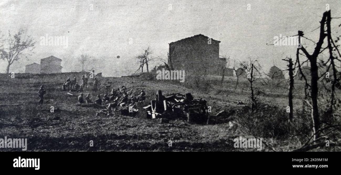 Red Cross stretcher party searching for wounded soldiers in 'No Man's Land' during World War II. Stock Photo