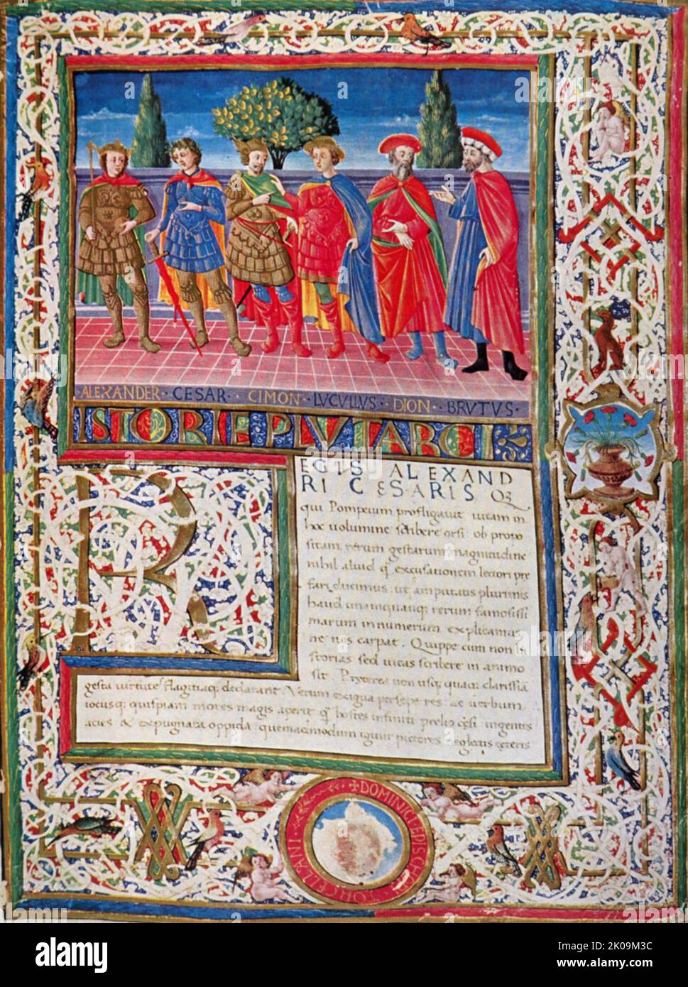 Ferrarese: Illuminated page showing six heroes of antiquity. Stock Photo