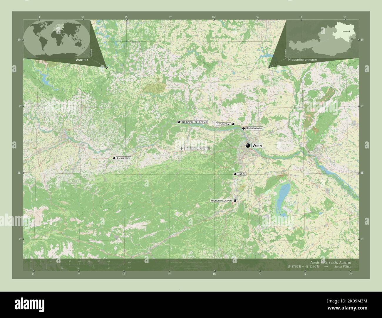 Niederosterreich, state of Austria. Open Street Map. Locations and