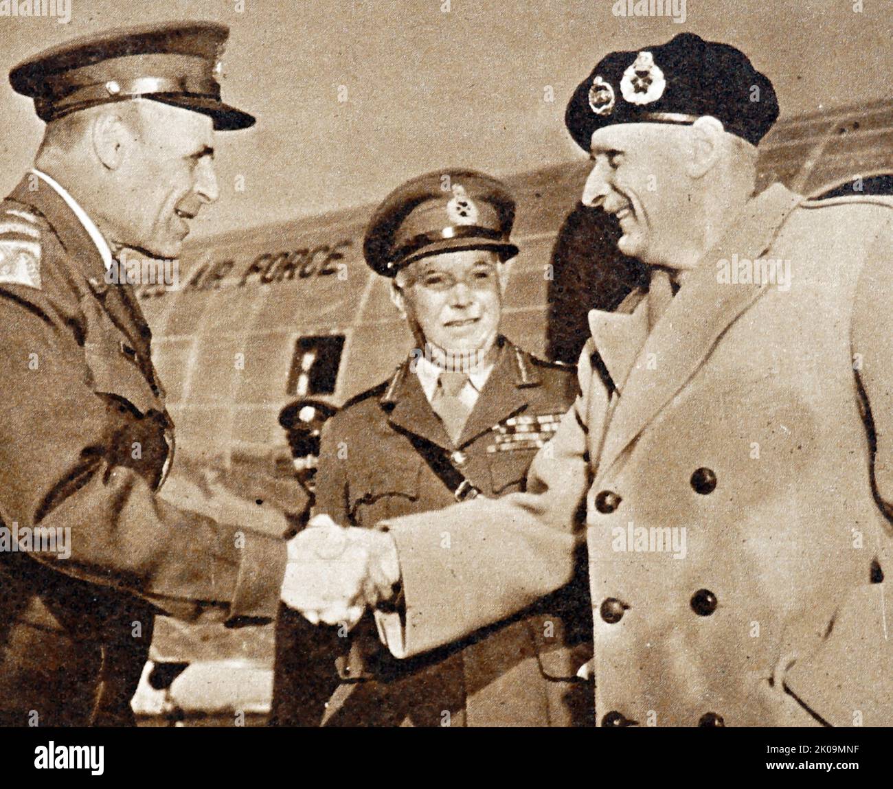 Field Marshal Lord Montgomery is greeted in Washington by Lieut. M. B. Ridgeway and Sir William Morgan. General Field Marshal Bernard Law Montgomery, 1st Viscount Montgomery of Alamein, KG, GCB, DSO, PC, DL (17 November 1887 - 24 March 1976), nicknamed 'Monty' and 'The Spartan General', was a senior British Army officer who served in the First World War, the Irish War of Independence and the Second World War. Stock Photo