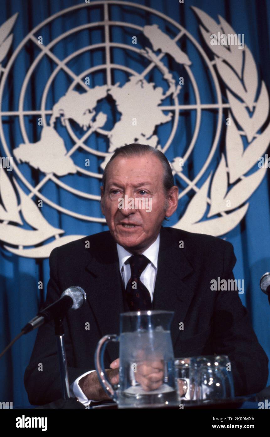 Kurt Josef Waldheim (1918 - 2007) was an Austrian politician and diplomat. Waldheim was the fourth Secretary-General of the United Nations from 1972 to 1981, and President of Austria from 1986 to 1992. While he was running for the latter office in the 1986 election, the revelation of his service in Greece and Yugoslavia, as an intelligence officer in Nazi Germany's Wehrmacht during World War II, raised international controversy. Stock Photo