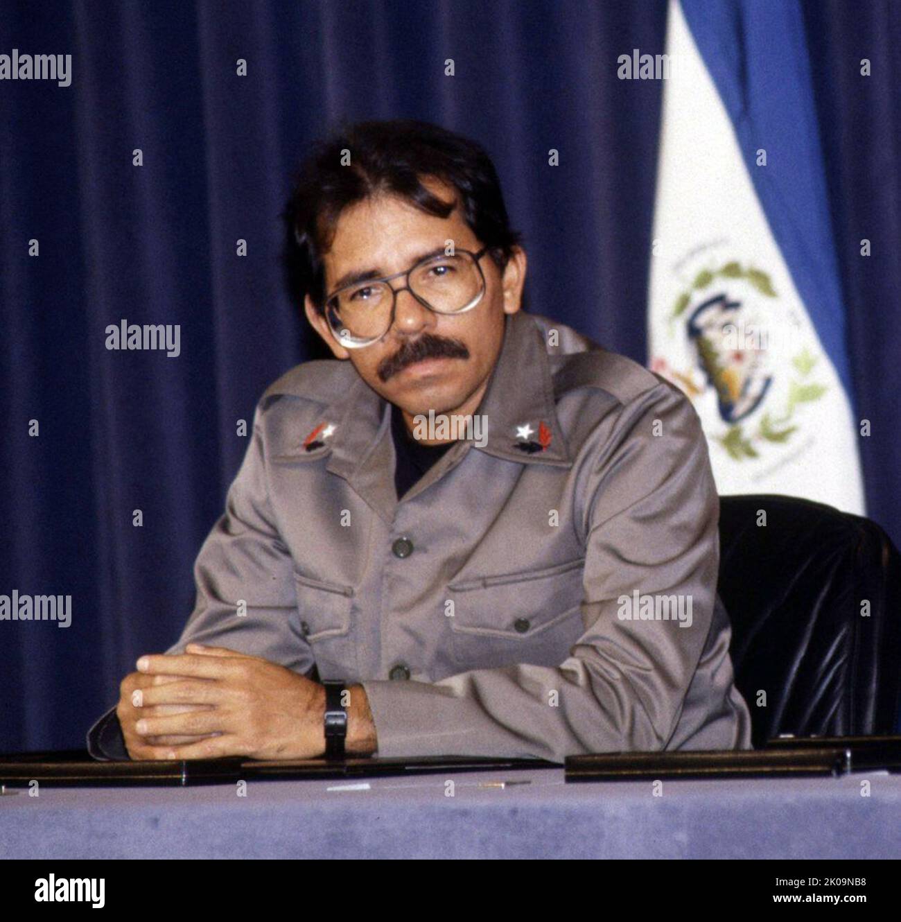 Jose Daniel Ortega (born 11 November 1945) Nicaraguan politician serving as President of Nicaragua since 2007. Previously, he was leader of Nicaragua from 1979 to 1990, first as Coordinator of the Junta of National Reconstruction (1979-1985) and then as President of Nicaragua (1985-1990). A leader in the Sandinista National Liberation Front, he implemented policies to achieve leftist reforms across Nicaragua Stock Photo