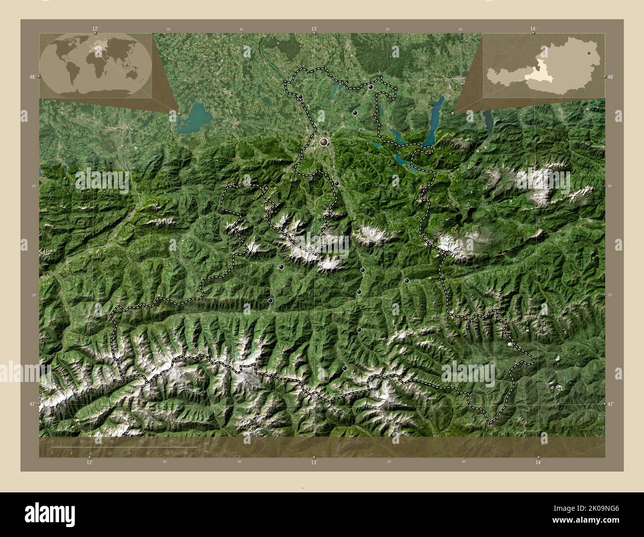 Salzburg, state of Austria. High resolution satellite map. Locations of ...