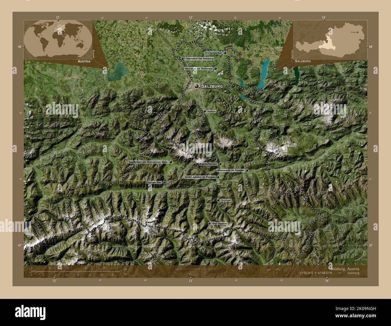 Salzburg, state of Austria. Low resolution satellite map. Locations and ...