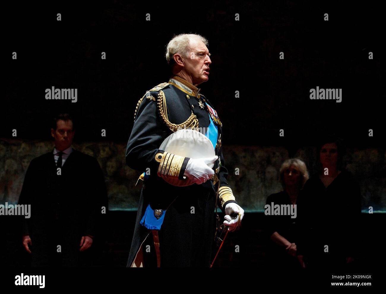 Tim Pigott-Smith (King Charles III) in KING CHARLES III by Mike Bartlett at the Almeida Theatre, London N1  10/04/2014  design: Tom Scutt  lighting: Jon Clark  director: Rupert Goold Stock Photo