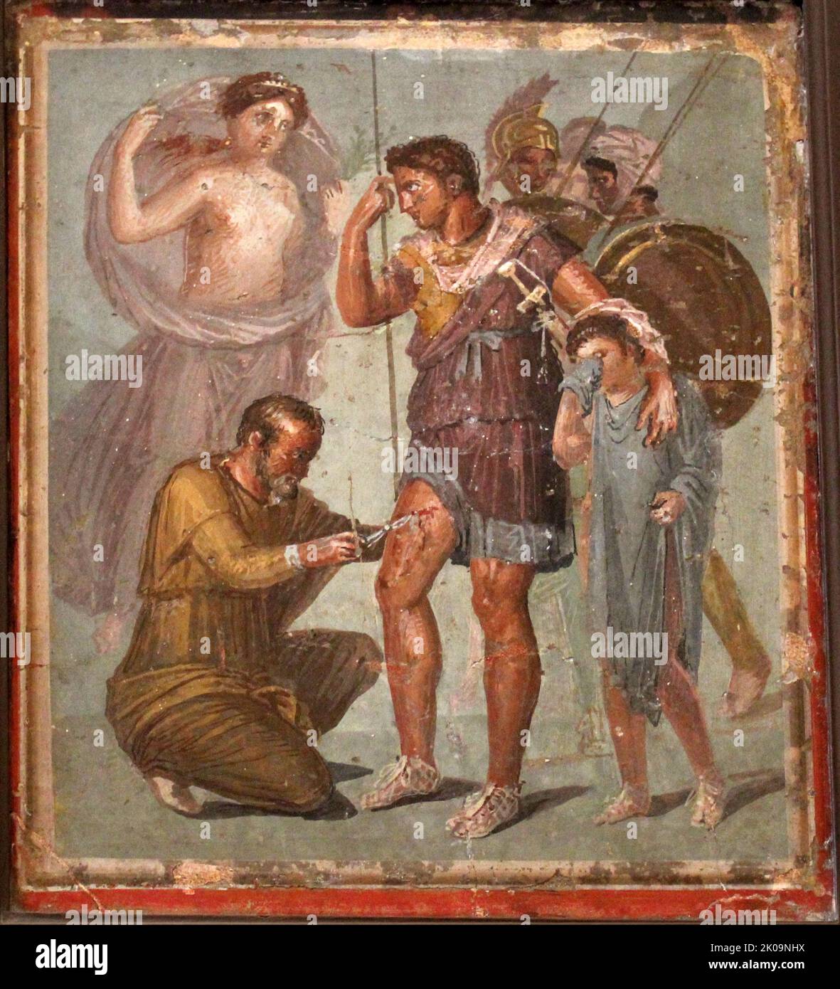 Roman Fresco depicting Aeneas wounded as he gazes at his mother Aphrodite, his son Ascanius is crying; a doctor treats his wounds, by an unknown artist, 45-79, 1st Century A.D. Stock Photo