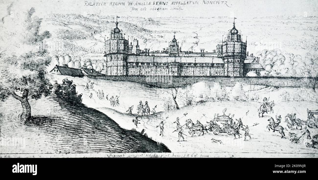 Nonsuch Palace by Joris Hoefnagel. Topographical drawing of Tudor and Stuart England. Joris Hoefnagel or Georg Hoefnagel (1542 -1601) was a Flemish painter, printmaker, miniaturist, draftsman and merchant. He is noted for his Illustrations of natural history subjects, topographical views, illuminations and mythological works. Stock Photo