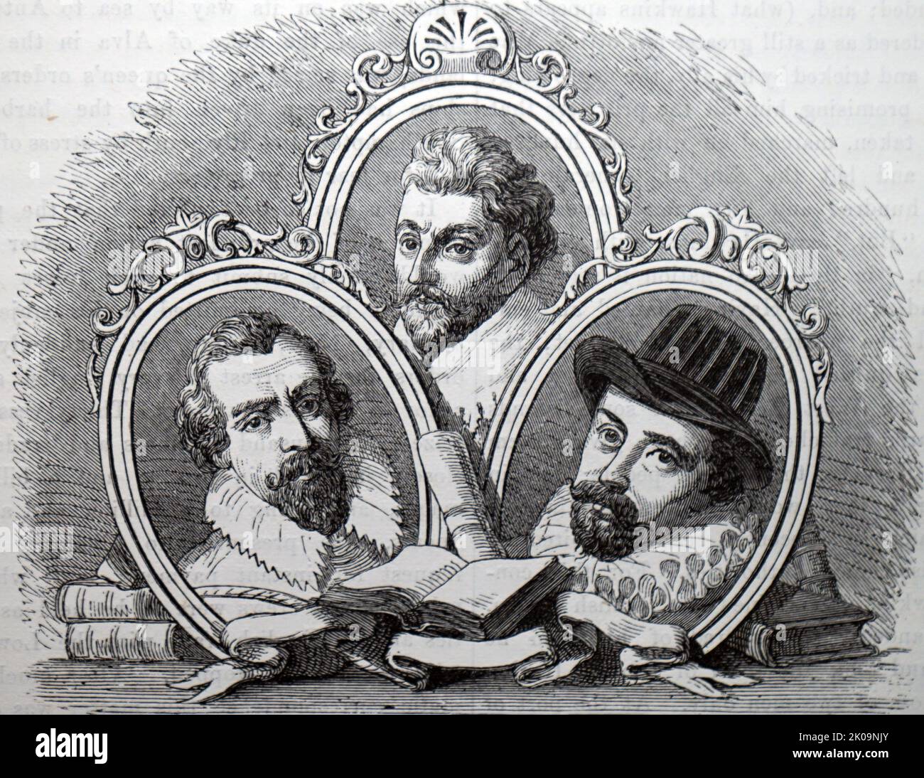 Illustration of Martin Frobisher, John Hawkins and Francis Drake. Sir Martin Frobisher (c. 1535 - 22 November 1594) was an English seaman and privateer who made three voyages to the New World looking for the North-west Passage. Sir John Hawkins (1532 - 12 November 1595) was a pioneering English naval commander and administrator. He was also a privateer and an early promoter of English involvement in the Atlantic slave trade. Sir Francis Drake (c.1540 - 28 January 1596) was an English explorer, sea captain, privateer, slave trader, naval officer, and politician. Stock Photo