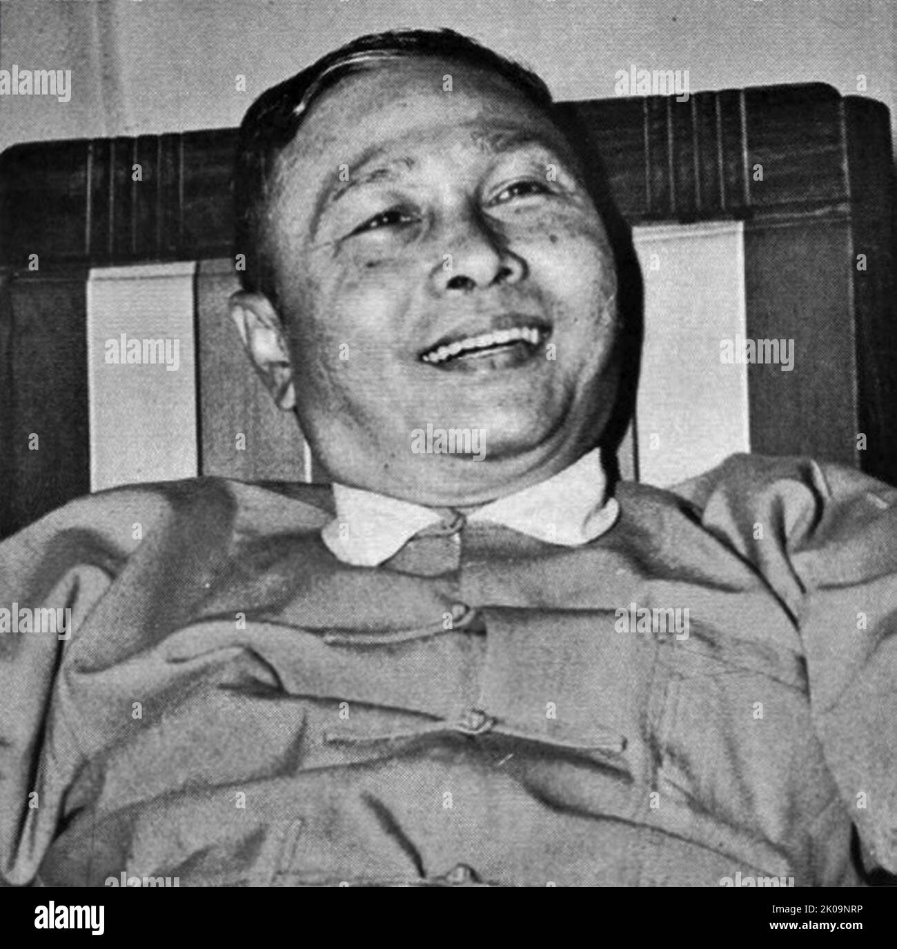 U Nu (1907 - 1995), known by the honorific name Thakin Nu, leading Burmese statesman and nationalist politician. He was the first Prime Minister of Burma under the provisions of the 1947 Constitution of the Union of Burma, from 4 January 1948 to 12 June 1956, again from 28 February 1957 to 28 October 1958, and finally from 4 April 1960 to 2 March 1962. Stock Photo