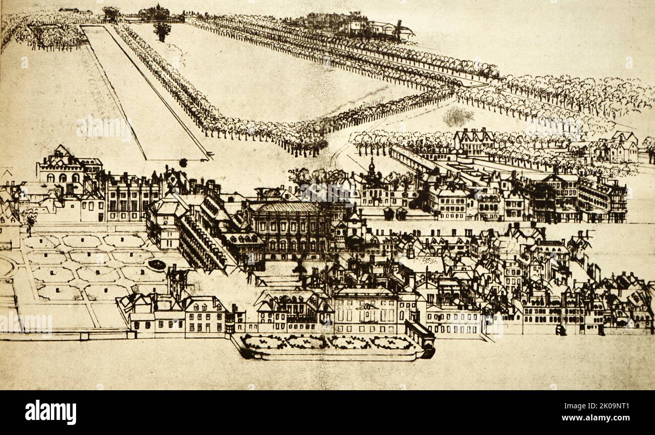 Bird's eye view of Whitehall, Arlington House, St James's Park and St James's Palace. Illustration by Leonard Knyff. Leonard Knyff or Leendert Knijff (10 August 1650, Haarlem - April 1722, London) was a Dutch draughtsman and painter. He was the son of landscape painter Wouter Knijff and the brother of Jacob Knijff and left around 1681 from Holland to England. Knyff collaborated with Kip to produce views of country houses and gardens for Britannia Illustrata and Le Nouveau Theatre. Stock Photo