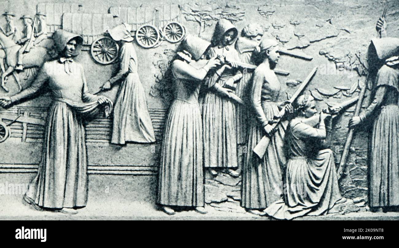 Reliefs on the Voortrekker Monument at Pretoria, South Africa. The Voortrekker Monument is located just south of Pretoria in South Africa. This massive granite structure is prominently located on a hilltop, and was raised to commemorate the Voortrekkers who left the Cape Colony between 1835 and 1854. It was designed by the architect Gerard Moerdijk. On 8 July 2011, the Voortrekker Monument was declared a National Heritage Site by the South African Heritage Resource Agency. Stock Photo