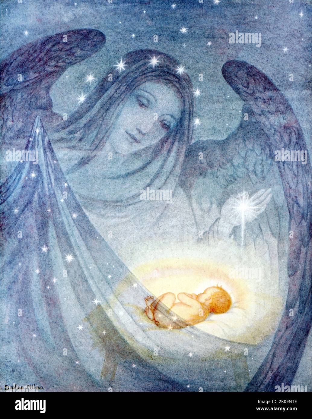 The Spirit of Christmas Night keeps watch over the Holy Child. Reproduced from a water colour by Daphne Allen. Daphne Constance Allen (6 January 1899 - 1985) was an English artist who achieved recognition at an early age as a painter and illustrator. Throughout her career she painted religious subjects and landscapes. Stock Photo