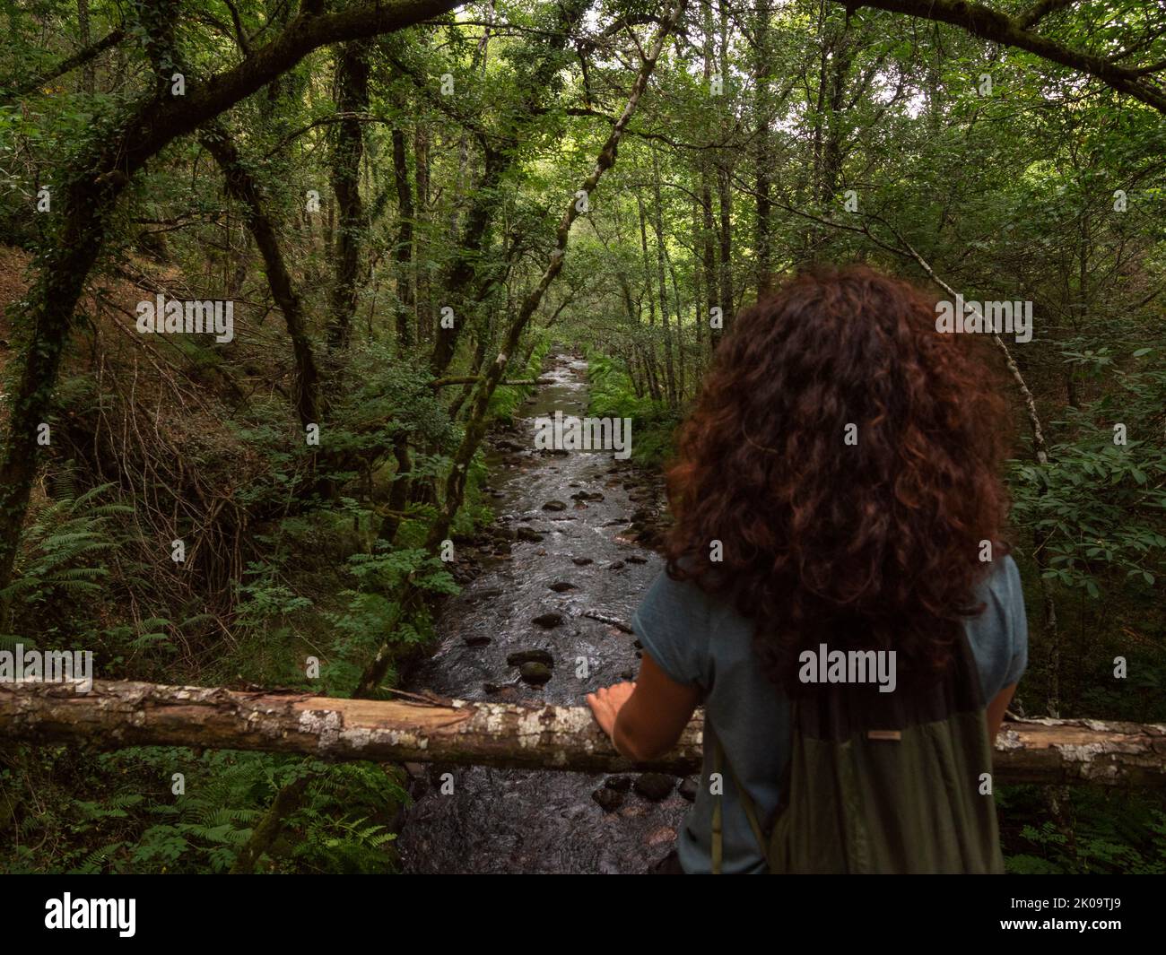 Brunette woman standing on a wood bridge looking at a river flowing ...