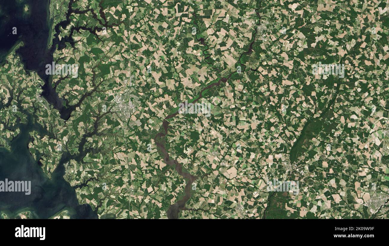 Aerial of farmland on Maryland’s Eastern Shore along the Choptank River. Stock Photo