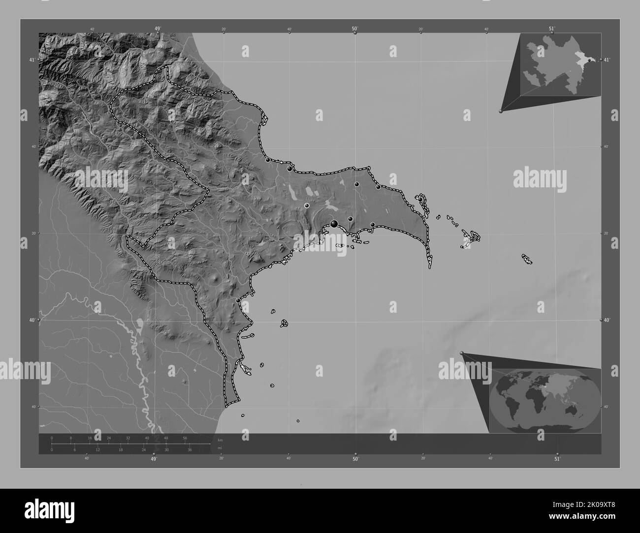 Absheron, region of Azerbaijan. Bilevel elevation map with lakes and ...