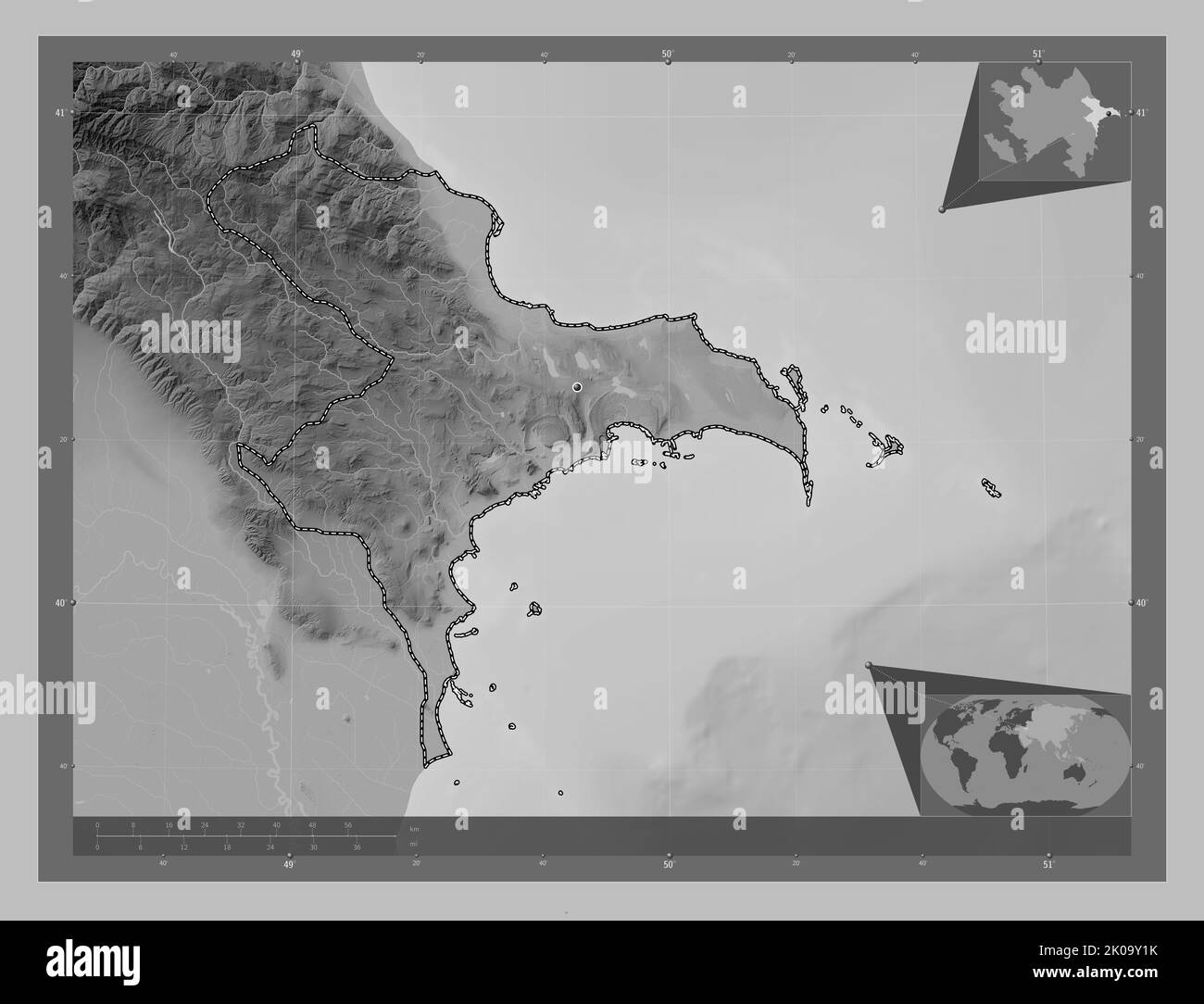 Absheron, region of Azerbaijan. Grayscale elevation map with lakes and ...