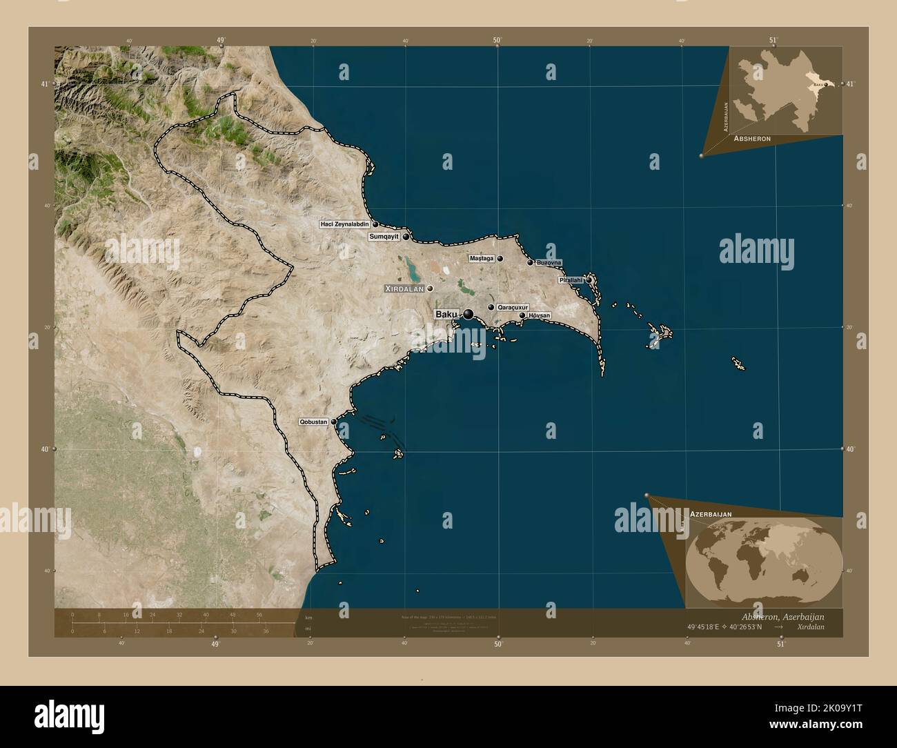 Absheron, region of Azerbaijan. Low resolution satellite map. Locations