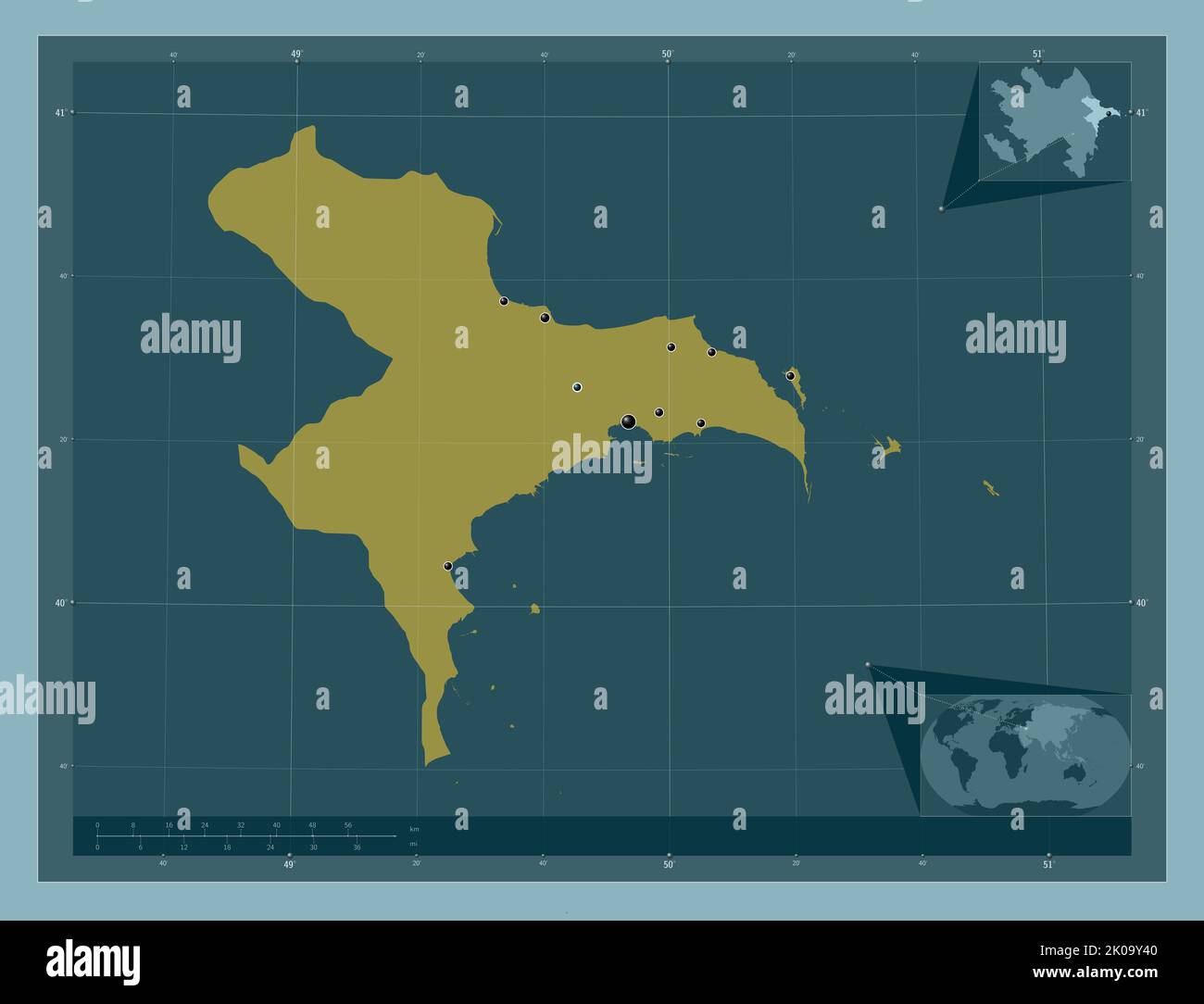 Absheron, region of Azerbaijan. Solid color shape. Locations of major