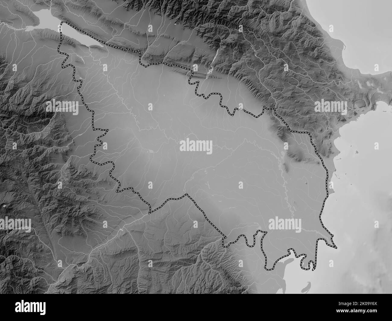 Aran, region of Azerbaijan. Grayscale elevation map with lakes and rivers Stock Photo