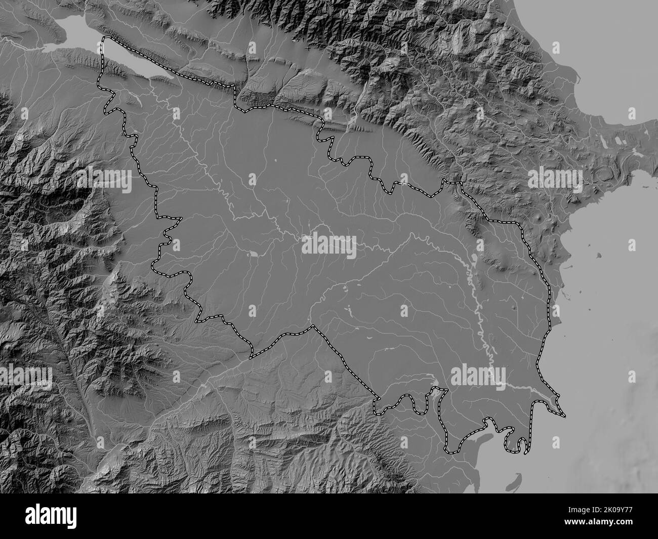 Aran, region of Azerbaijan. Bilevel elevation map with lakes and rivers Stock Photo
