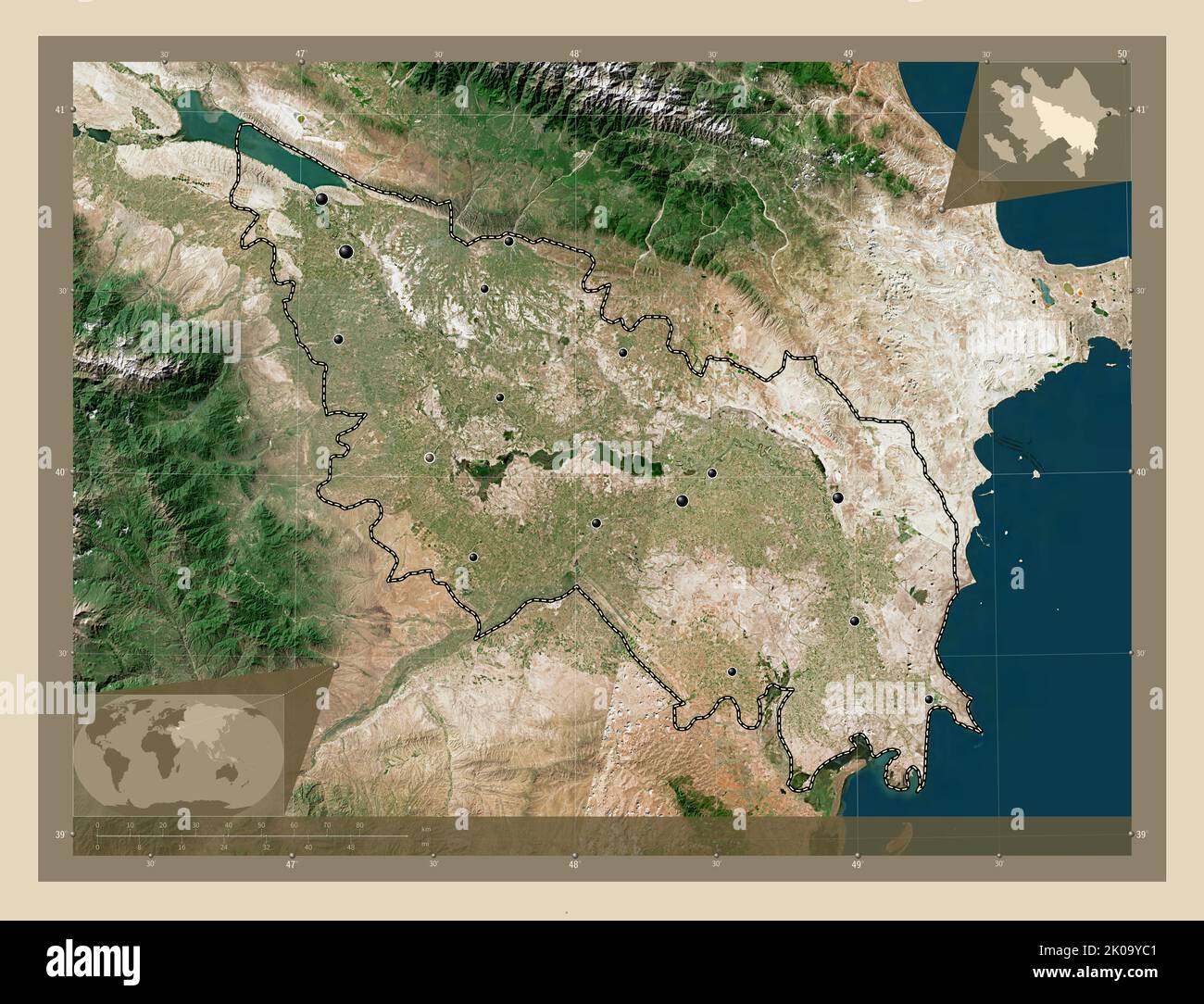 Aran, region of Azerbaijan. High resolution satellite map. Locations of