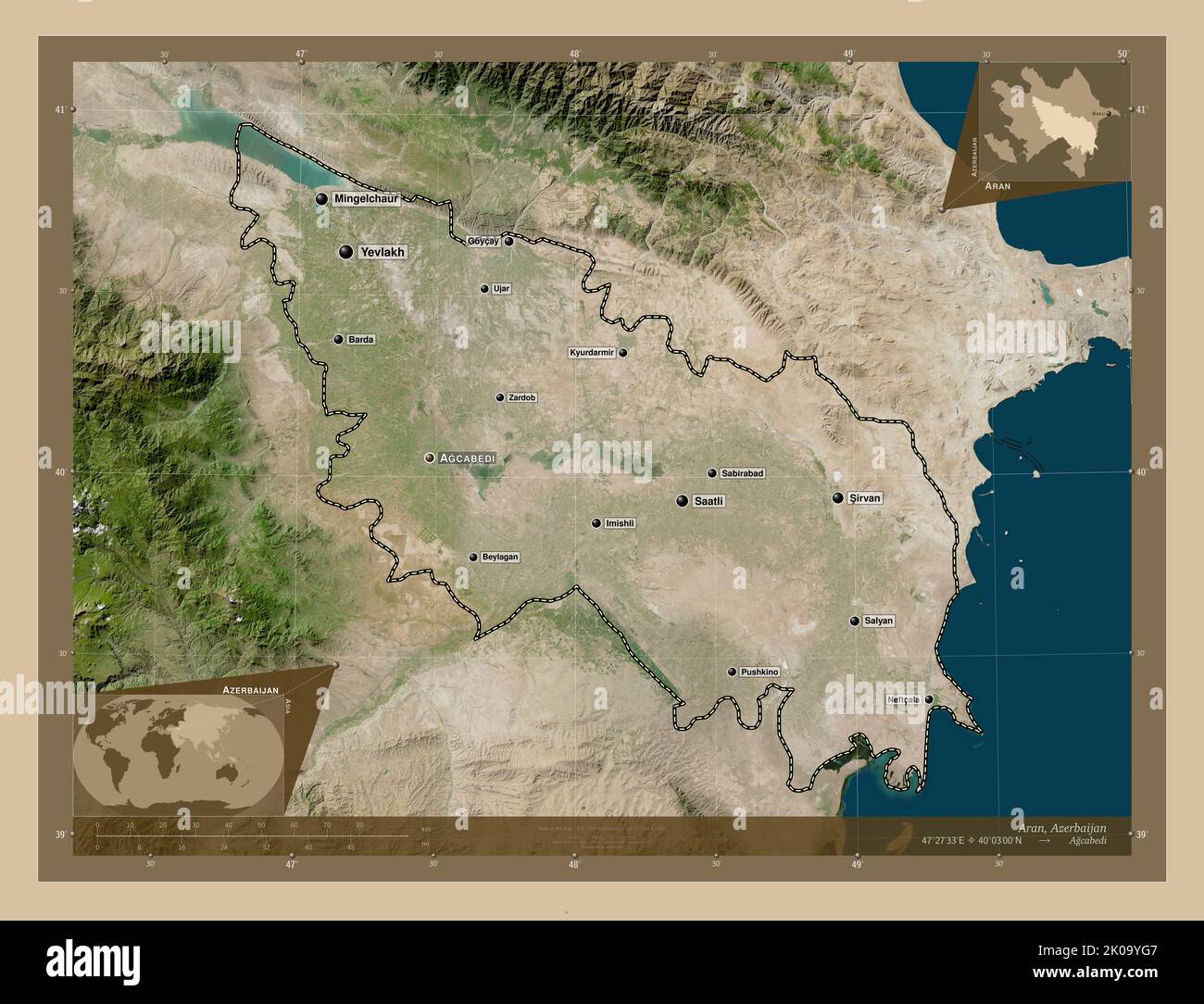 Aran, region of Azerbaijan. Low resolution satellite map. Locations and names of major cities of the region. Corner auxiliary location maps Stock Photo
