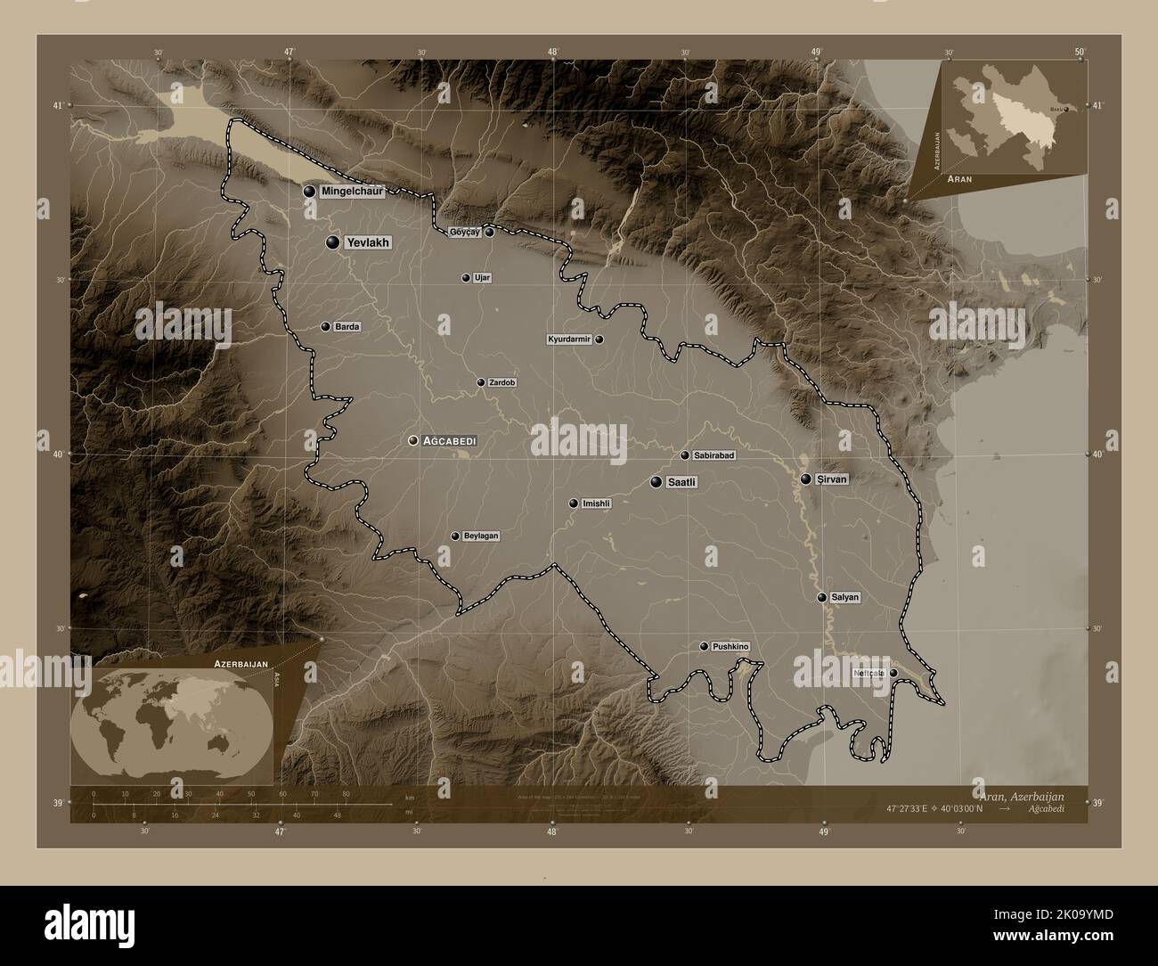 Aran, region of Azerbaijan. Elevation map colored in sepia tones with