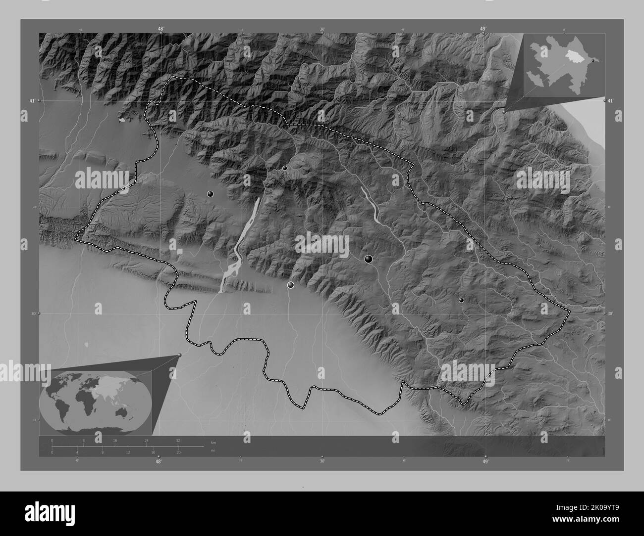 Daglig-Shirvan, region of Azerbaijan. Grayscale elevation map with lakes and rivers. Locations of major cities of the region. Corner auxiliary locatio Stock Photo