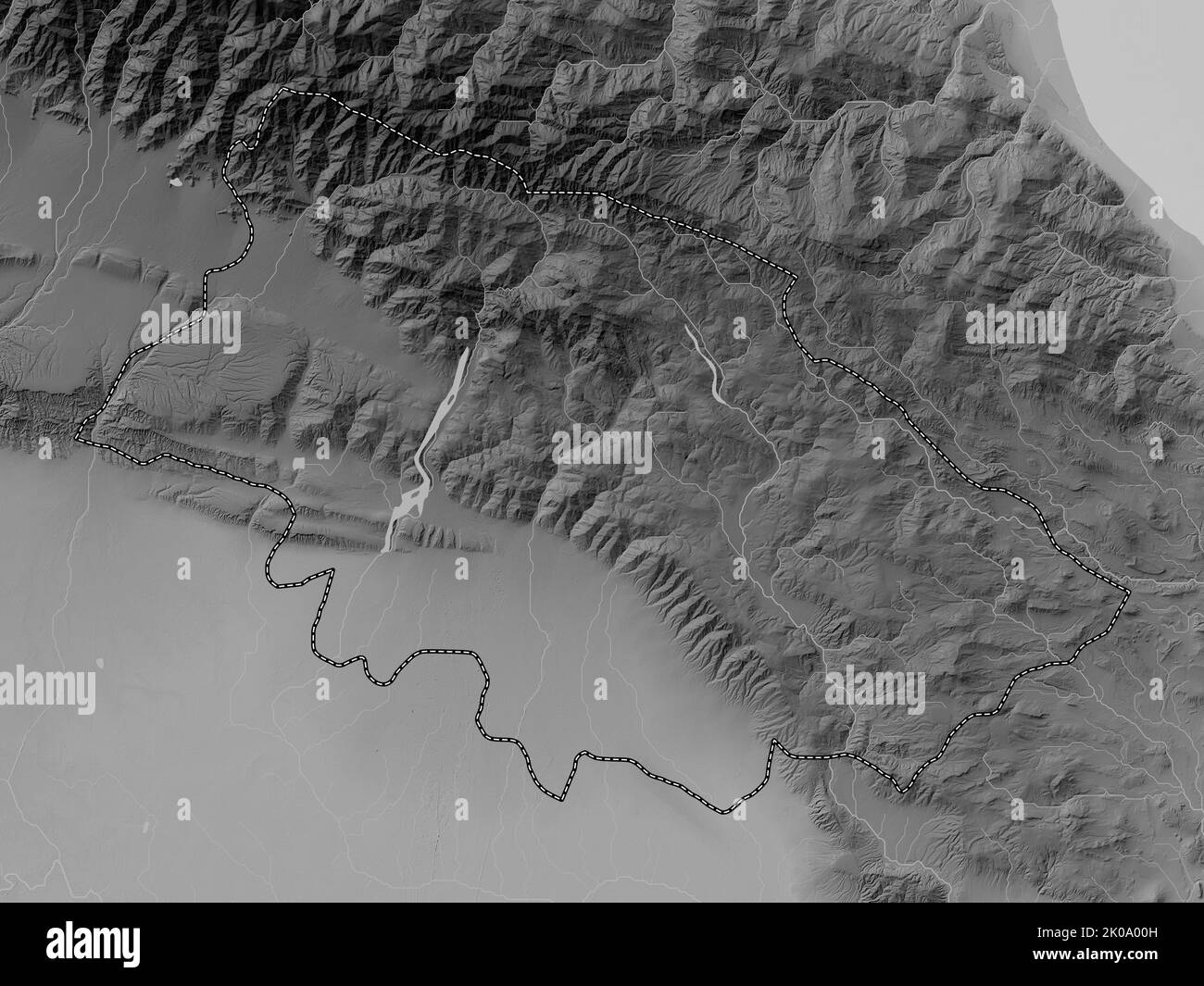 Daglig-Shirvan, region of Azerbaijan. Grayscale elevation map with lakes and rivers Stock Photo