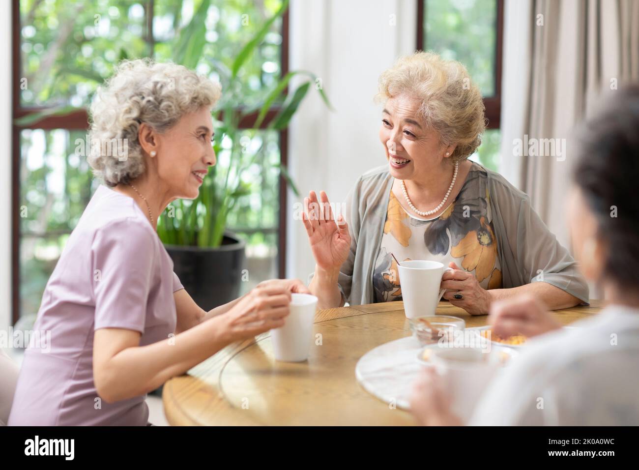 Happy senior Chinese friends having afternoon tea at home Stock Photo