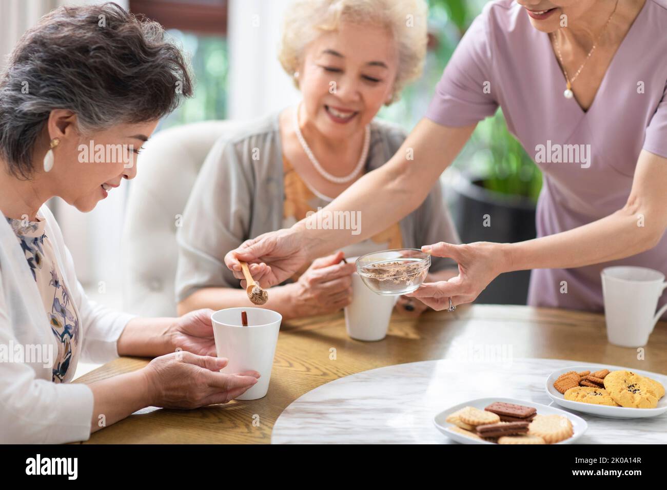 Happy senior Chinese friends having afternoon tea at home Stock Photo