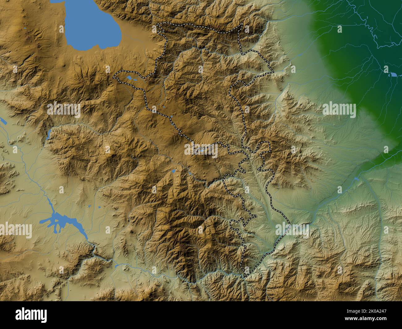 Kalbajar-Lachin, region of Azerbaijan. Colored elevation map with lakes and rivers Stock Photo