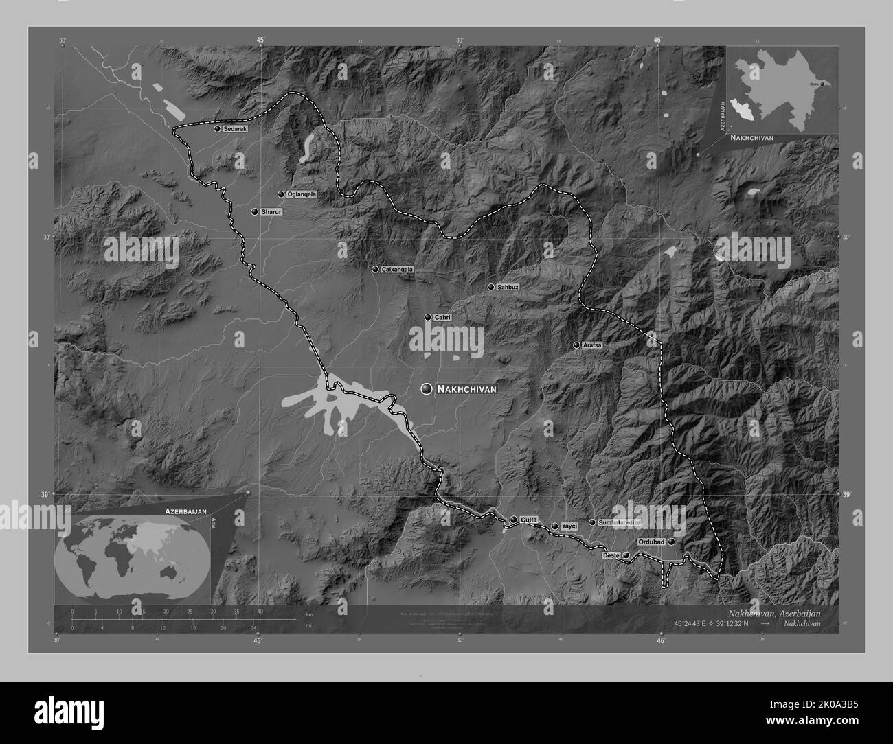 Nakhchivan, region of Azerbaijan. Grayscale elevation map with lakes and rivers. Locations and names of major cities of the region. Corner auxiliary l Stock Photo