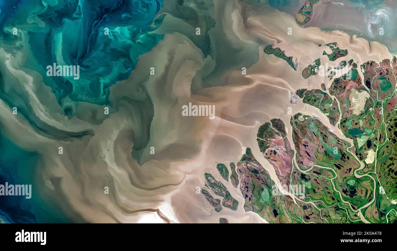 Aerial of the Mackenzie River outflow into the Beaufort Sea Stock Photo