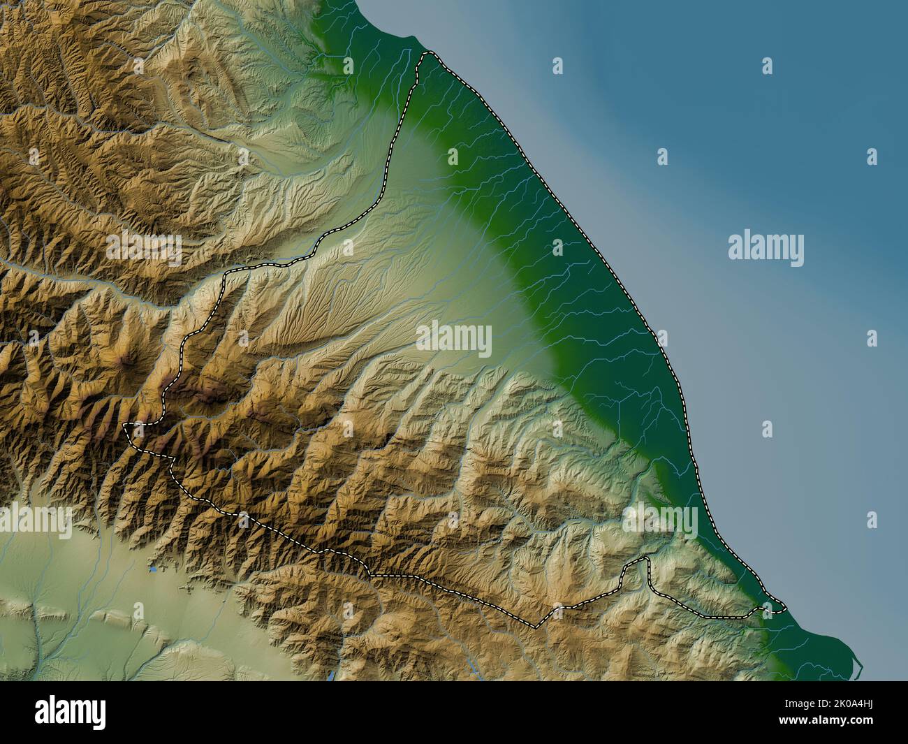 Quba-Khachmaz, region of Azerbaijan. Colored elevation map with lakes and rivers Stock Photo