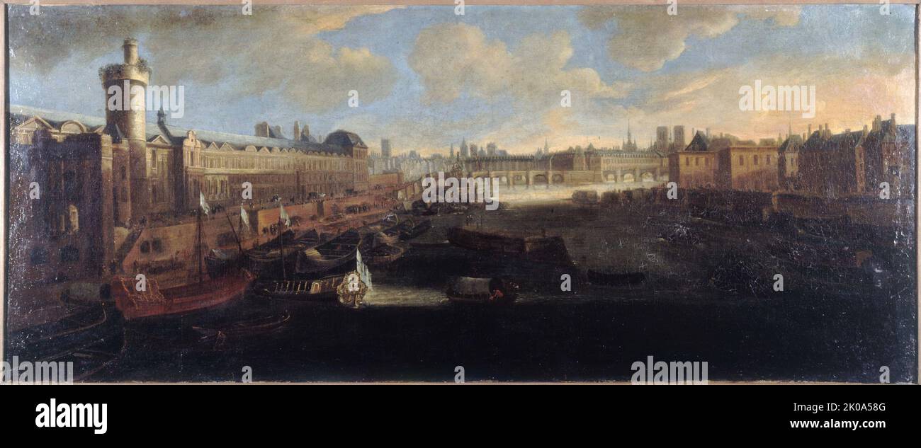 Grande Galerie of the Louvre, with new gate, the Pont-Neuf, the city, the college des Quatres-Nations under construction and Quai Malaquais, around 1665, on the Seine the Royal Gallery , current 1st and 6th arrondissements. Stock Photo