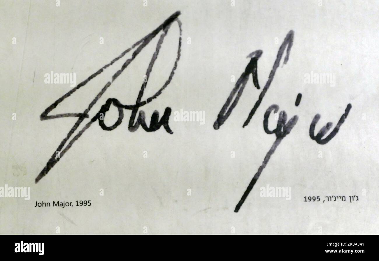Signature of British Prime Minister, John Major, 1995, when he visited the King David Hotel, Jerusalem, Marble floor tile Stock Photo