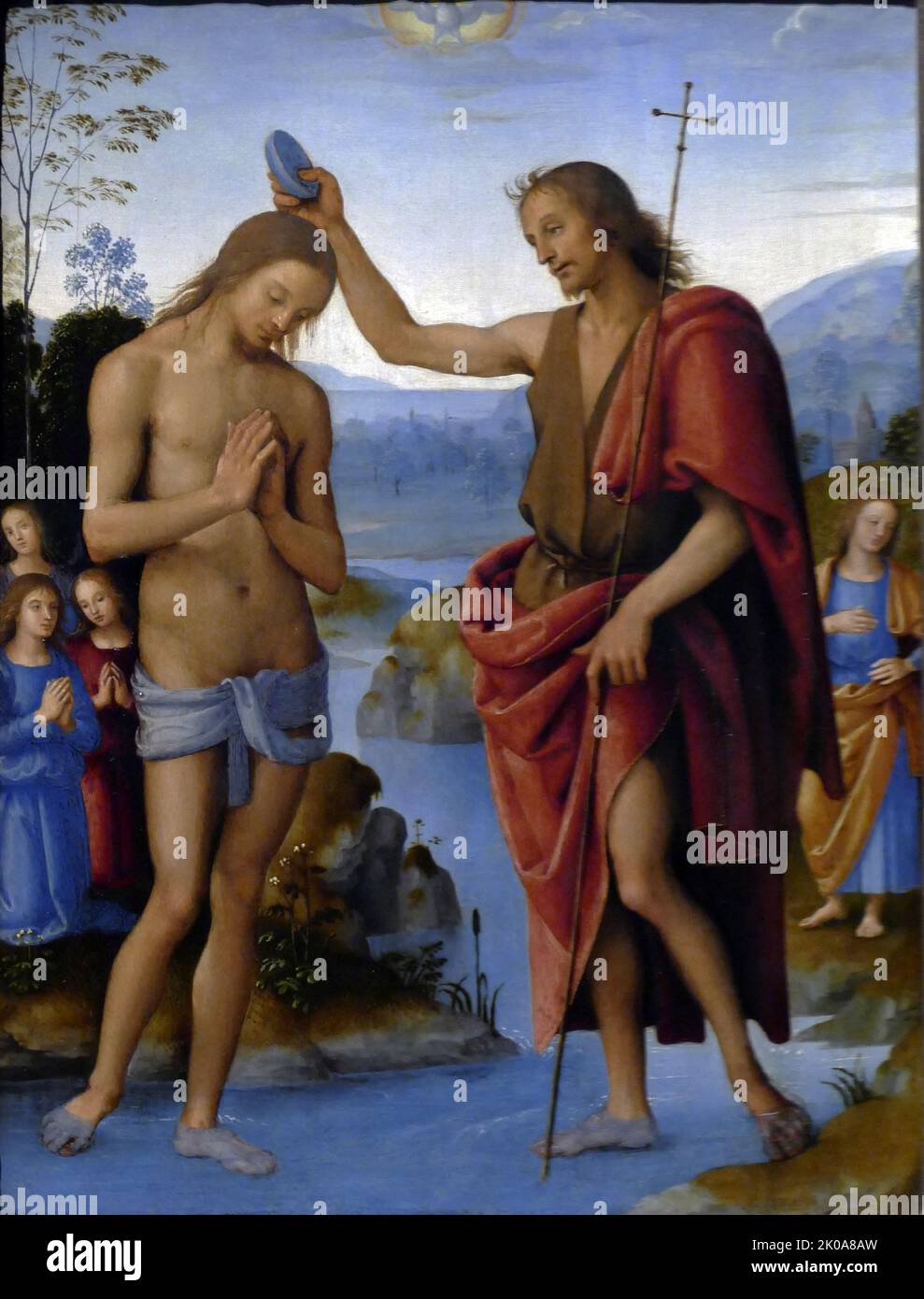 Baptism of Christ; 1498/1500 painting by Pietro Perugino (located in Vienna, Austria). Pietro Perugino (1446/1452 - 1523), was an Italian Renaissance painter of the Umbrian school, who developed some of the qualities that found classic expression in the High Renaissance. Stock Photo