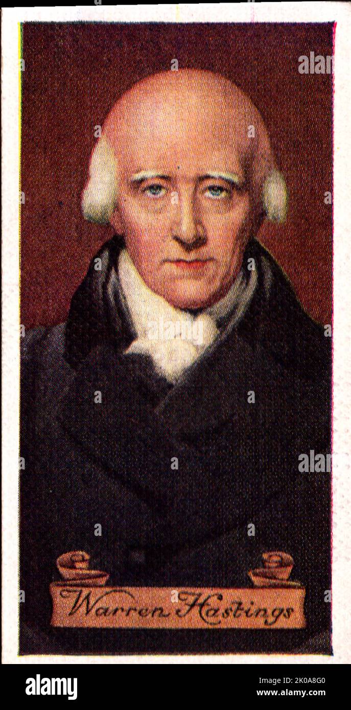 Warren Hastings FRS (6 December 1732 - 22 August 1818) was a British colonial administrator, who served as the first Governor of the Presidency of Fort William (Bengal), the head of the Supreme Council of Bengal, and so the first de facto Governor-General of Bengal in 1772-1785. He and Robert Clive are credited with laying the foundation of the British Empire in India. Stock Photo