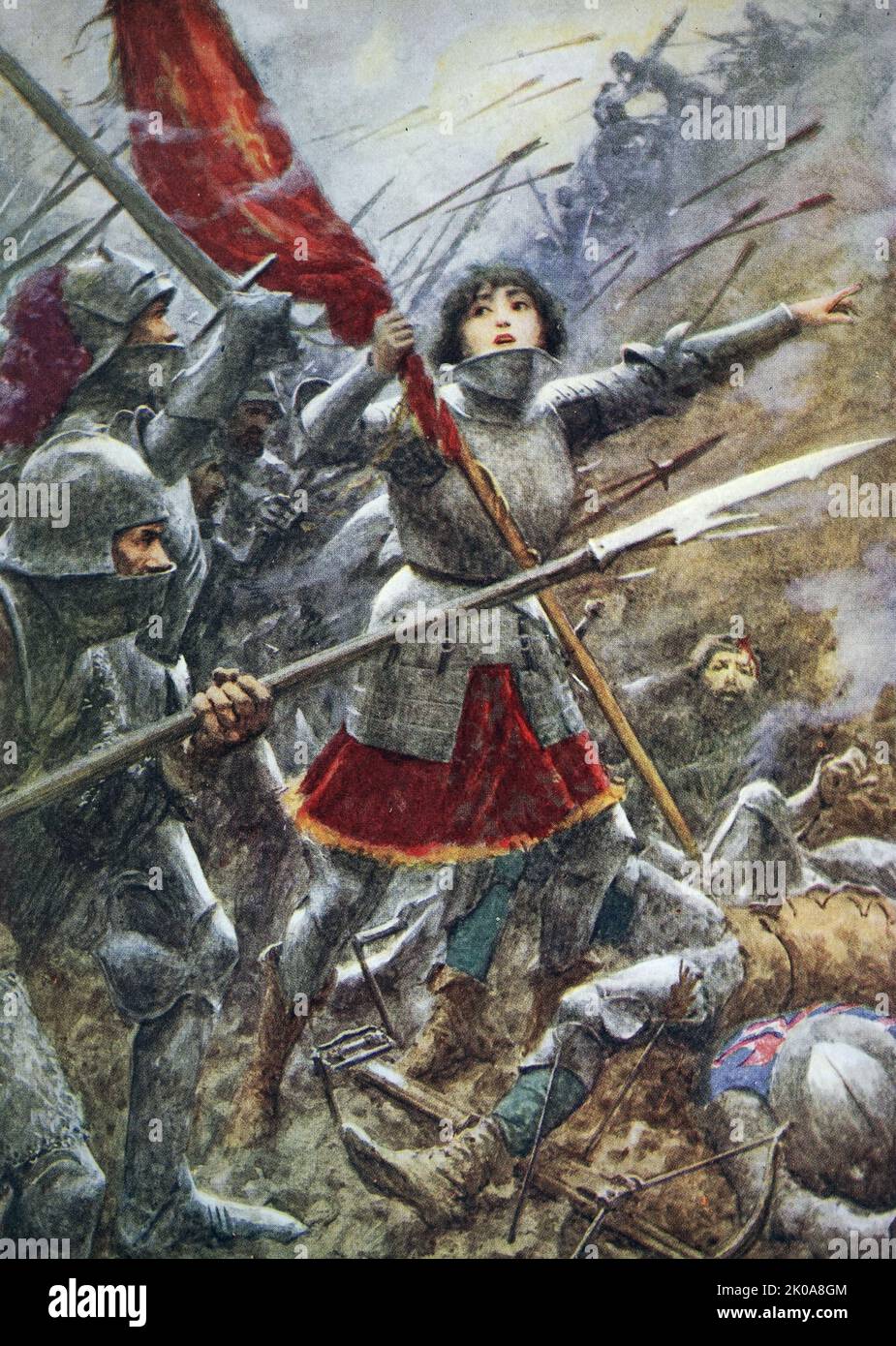 Painting of Joan of Arc in battle. Joan of Arc (c. 1412 - 30 May 1431), nicknamed "The Maid of Orleans" (French: La Pucelle d'Orleans), is considered a heroine of France for her role during the Lancastrian phase of the Hundred Years' War, and was canonized as a saint. Stock Photo