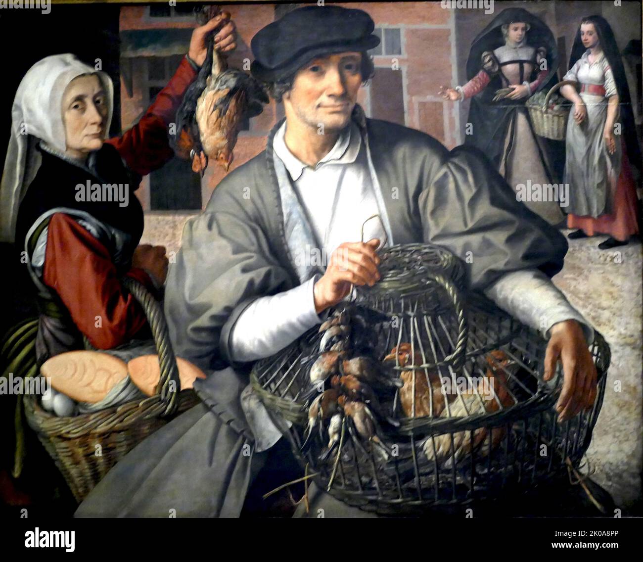 Market Scene, c1560-1565 by Pieter Aertsen. Pieter Aertsen (1508 - 2 June 1575), was a Dutch painter in the style of Northern Mannerism. He is credited with the invention of the monumental genre scene, which combines still life and genre painting and often also includes a biblical scene in the background. Stock Photo