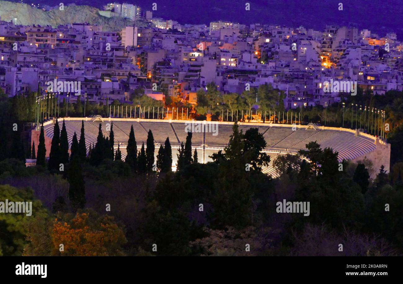 The Panathenaic Stadium in Athens, Greece. It was built in marble by Herodes Atticus, an Athenian Roman senator, by 144 AD and had a capacity of 50,000 seats. The stadium was excavated in 1869 and hosted the Zappas Olympics in 1870 and 1875. After being refurbished, it hosted the opening and closing ceremonies of the first modern Olympics in 1896 Stock Photo