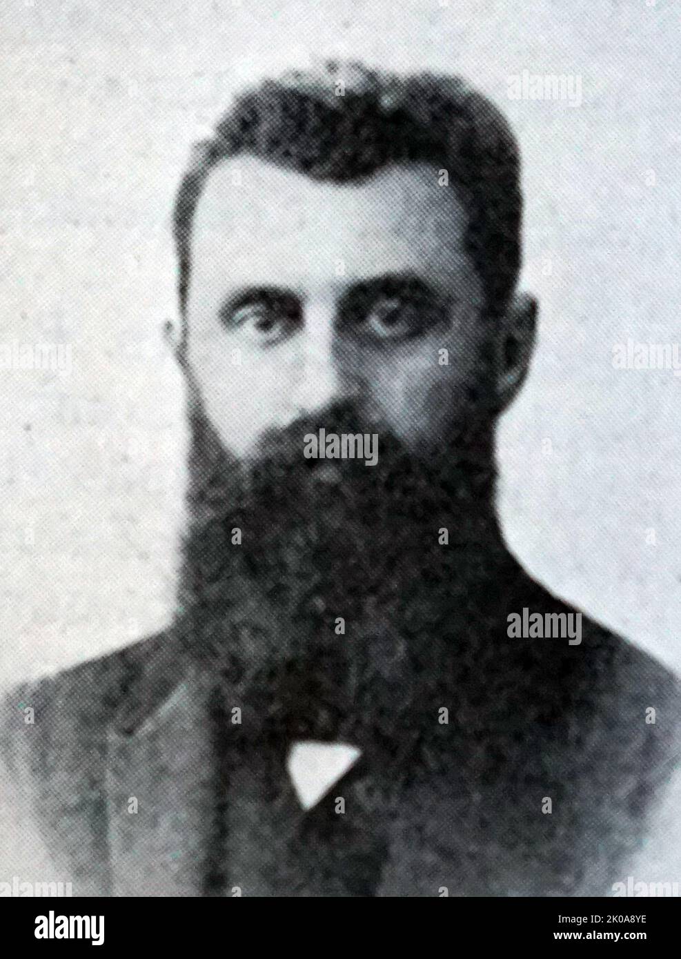 Theodor Herzl (2 May 1860 - 3 July 1904) or Hebrew name given at his brit milah Binyamin Ze'ev, was an Austro-Hungarian Jewish journalist, playwright, political activist, and writer who was the father of modern political Zionism. Herzl formed the Zionist Organization and promoted Jewish immigration to Palestine in an effort to form a Jewish state Stock Photo