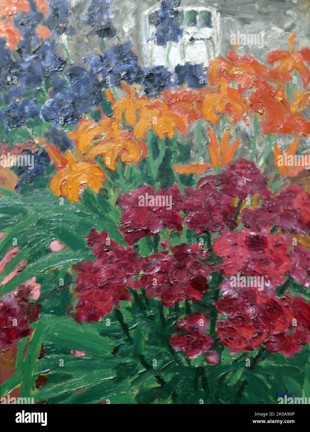 Flower Garden, 1917, by Emil Nolde. Emil Nolde (born Hans Emil Hansen; 7 August 1867 - 13 April 1956) was a German-Danish painter and printmaker. He was one of the first Expressionists, a member of Die Brucke, and was one of the first oil painting and watercolour painters of the early 20th century to explore colour. Even though his art was included in the Entartete Kunst exhibition of 1937, Nolde was a racist, antisemite and a staunch supporter of Nazi Germany Stock Photo
