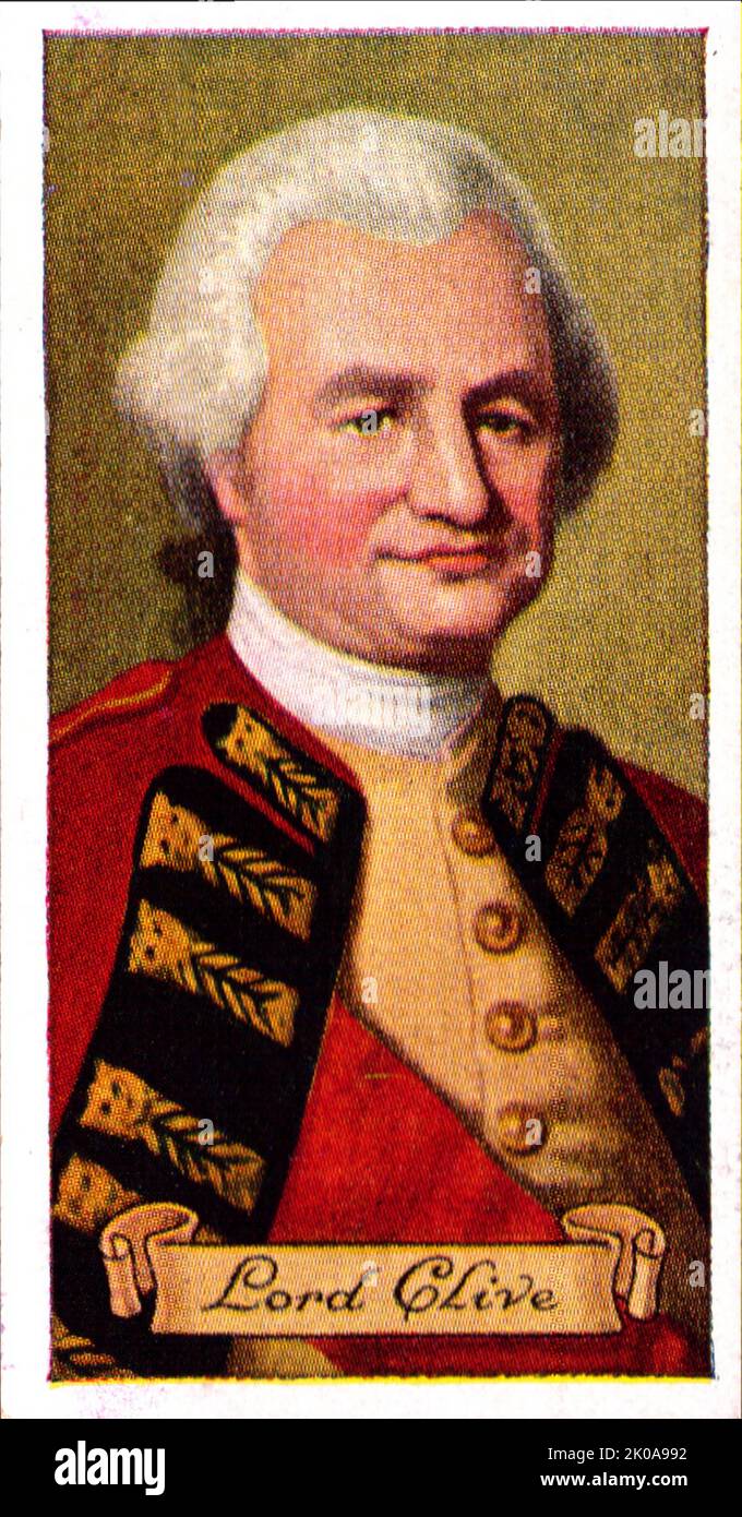 Lord Clive. Major-General Robert Clive, 1st Baron Clive, KB, FRS (29 September 1725 - 22 November 1774), also known as Clive of India, was the first British Governor of the Bengal Presidency. He is credited along with Warren Hastings for laying the foundation of British rule in India Stock Photo