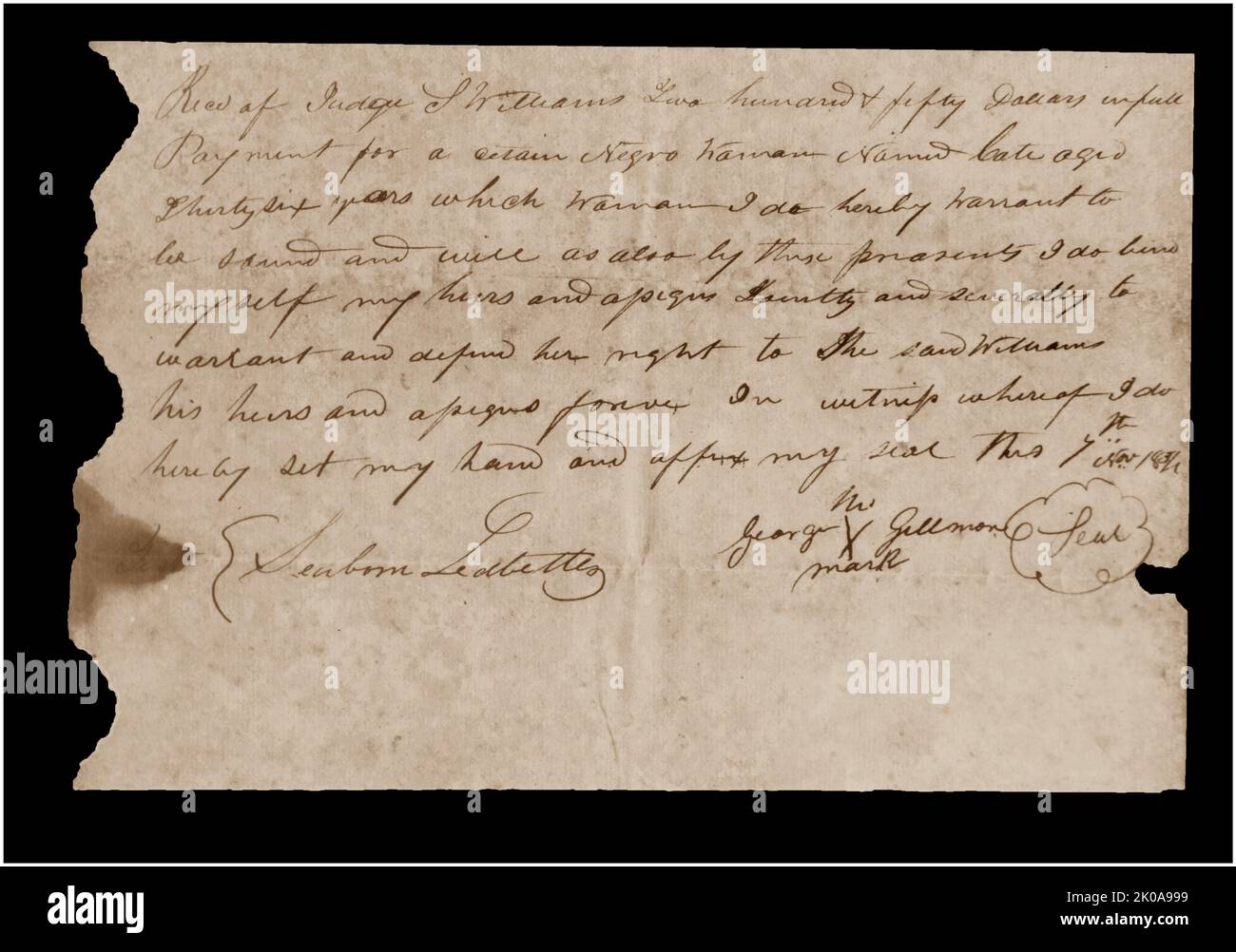 Receipt for $250.00 as payment for Negro man, January 20, 1840. Library of Congress Prints and Photographs Division Washington, D.C., USA Stock Photo